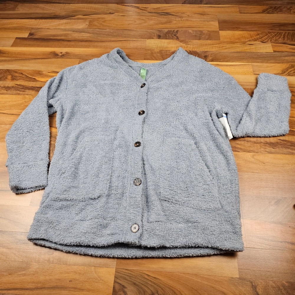 Cozy Honeydew Popcorn Knit Cardigan Fuzzy Soft Dusty Blue Medium Lounge Sweater